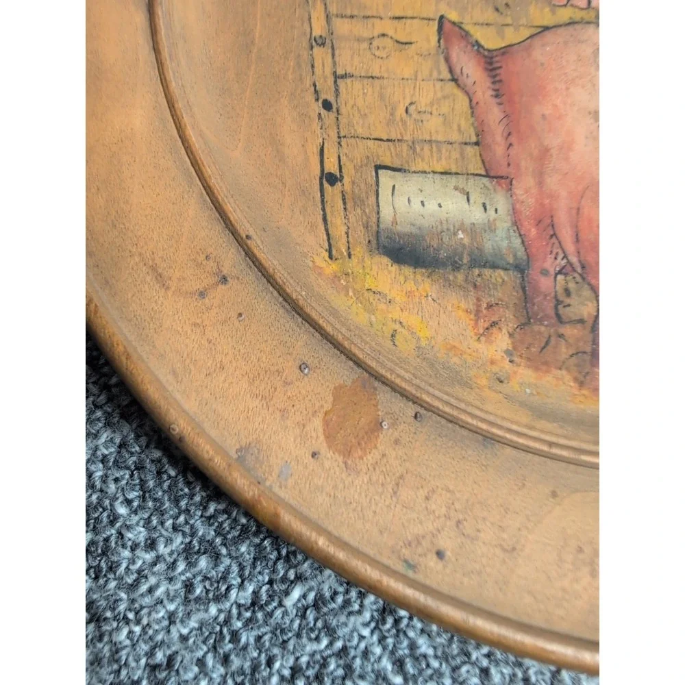 Vintage Wooden Hand painted German Folk Art Plaques Feed The Pig Wood Wall Plate